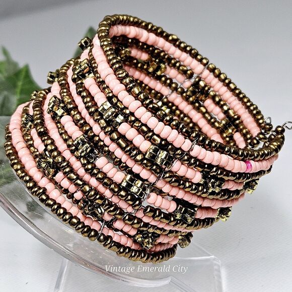 Unbranded Jewelry - Golden Flowers & Coral Seeds Beaded Bracelet Spiral Coil Wire Retro Wrap Cuff